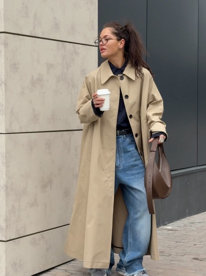 Damen Lange und elegante Trenchcoat-Jacke aus wasserabweisendem Material Drune