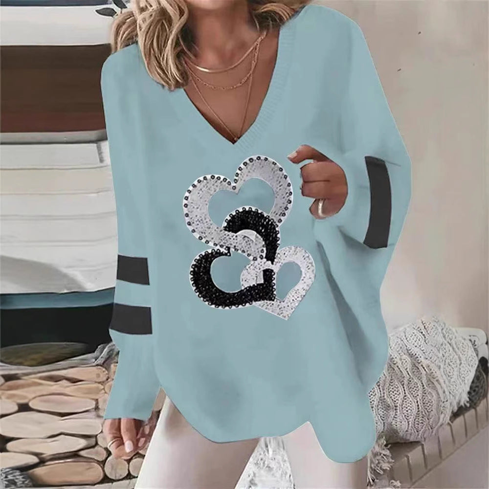 Damen nan übergroßer Strickpullover mit tiefem Ausschnitt Paillettenherz und Kontrastarmstreifen Drune