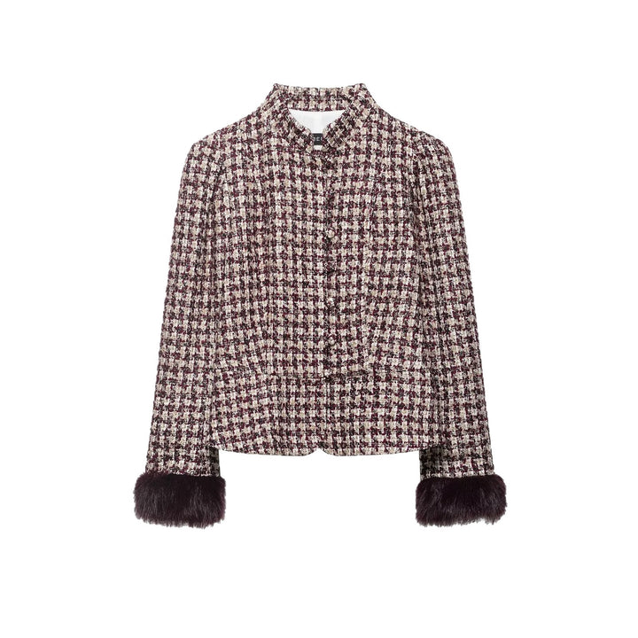 Damen Kurz geschnittene Bouclé‑Tweedjacke mit Stehkragen und Kunstfellmanschetten Drune