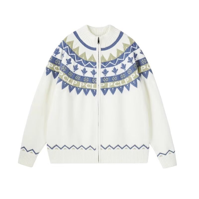 Damen Lässige Strick-Zipjacke mit Jacquard-Yoke und Rippbündchen Drune