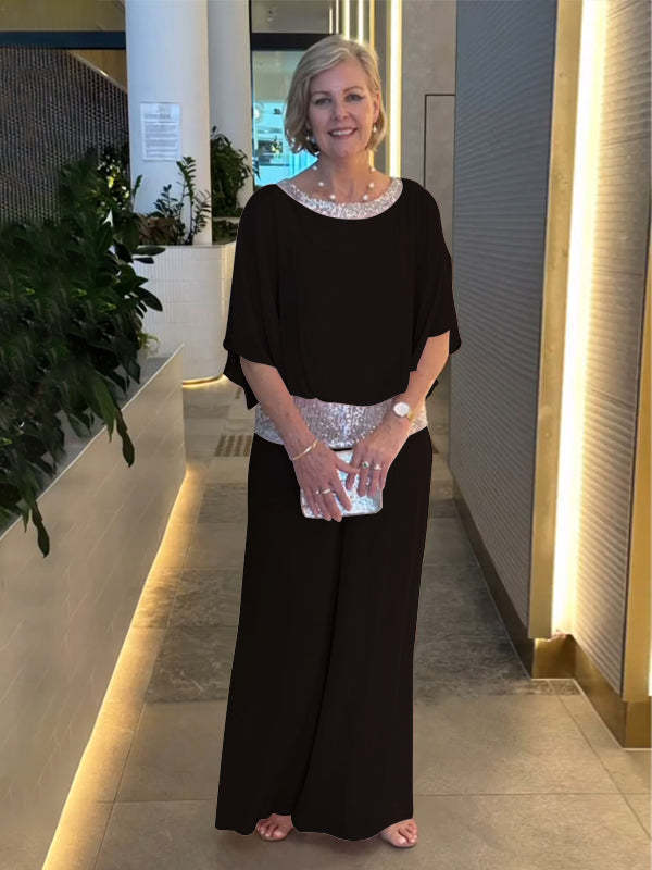 Damen Elegantes Abendzweiteiler mit Chiffon-Cape und Palazzo‑Hose Drune