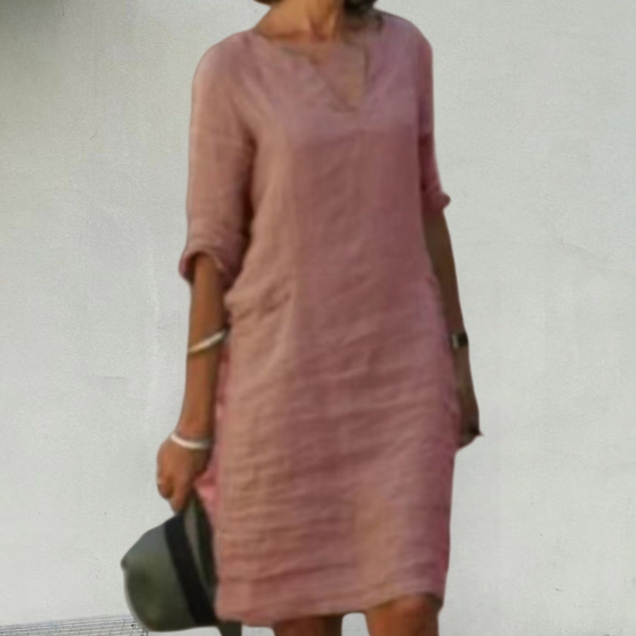 Damen Leichtes Sommerkleid mit eleganter V-Ausschnitt-Front und praktischen Seitentaschen Drune