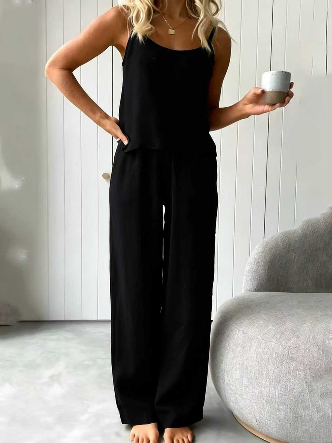 Damen lässiges Leinen-Set mit Trägershirt und weiten Hosen Drune