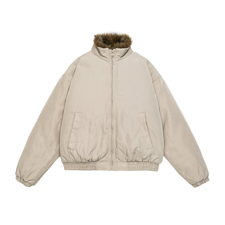 Damen Oversize wattierte Bomberjacke mit elastischem Saum und Kunstfellbesatz Drune