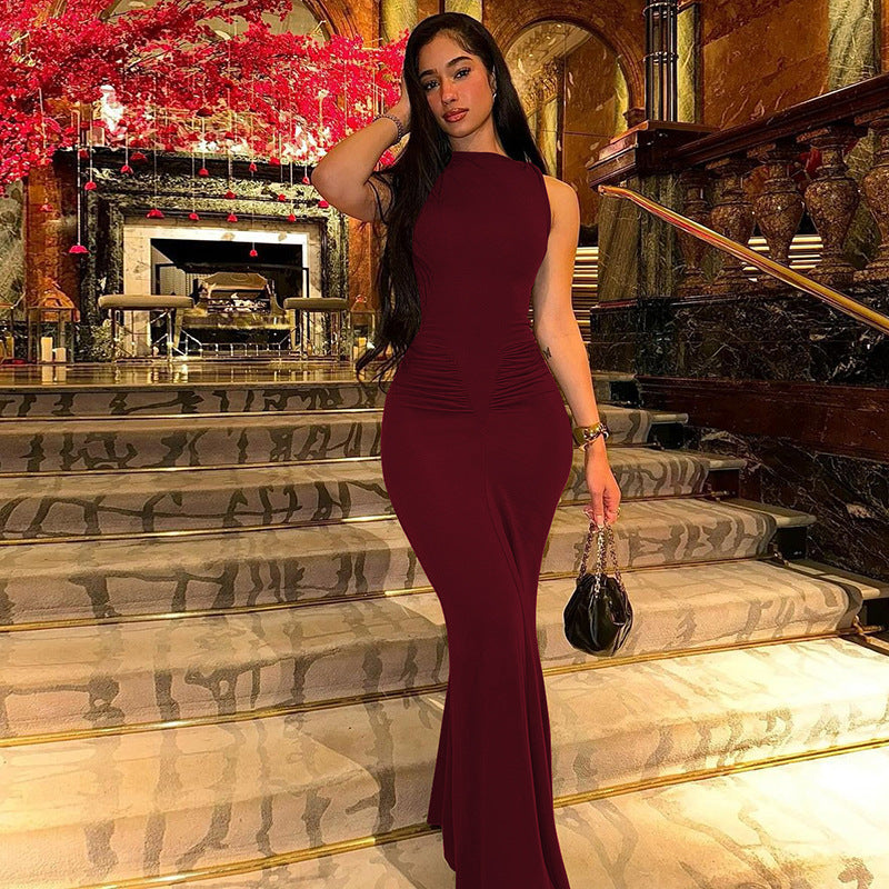 Damen Figurbetontes Maxikleid mit hochgeschlossenem Design und Raffung Drune