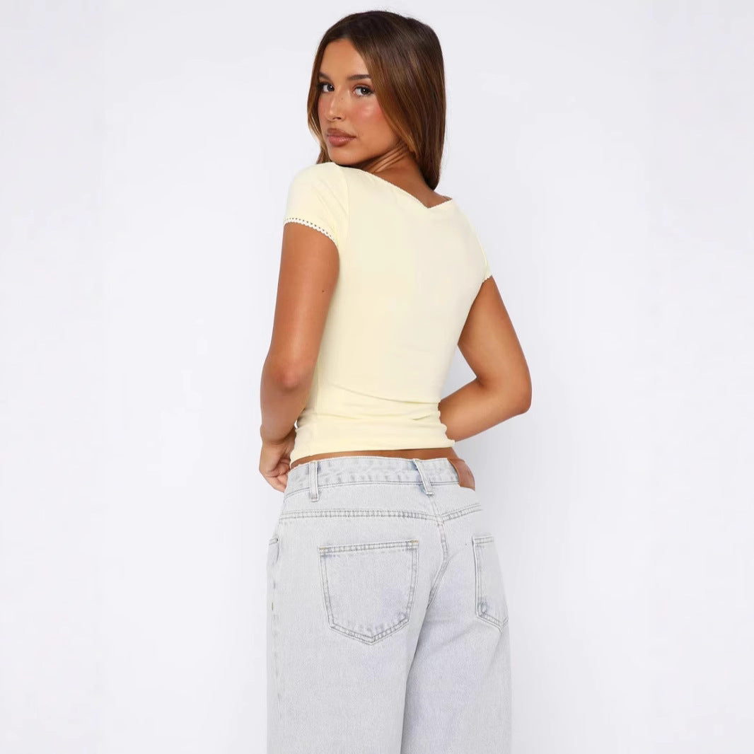 Damen figurbetontes Kurzarm-Top mit Raffung und Zierkante Drune