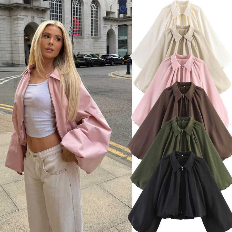 Damen Kurzcape mit Volumenärmeln, Reißverschluss und gerafftem Saum Drune