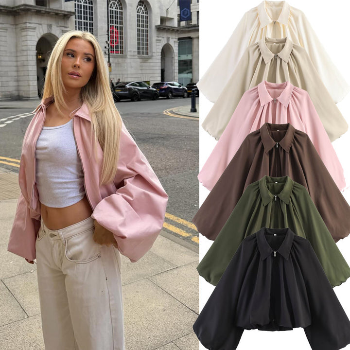 Damen Kurzcape mit Volumenärmeln, Reißverschluss und gerafftem Saum Drune