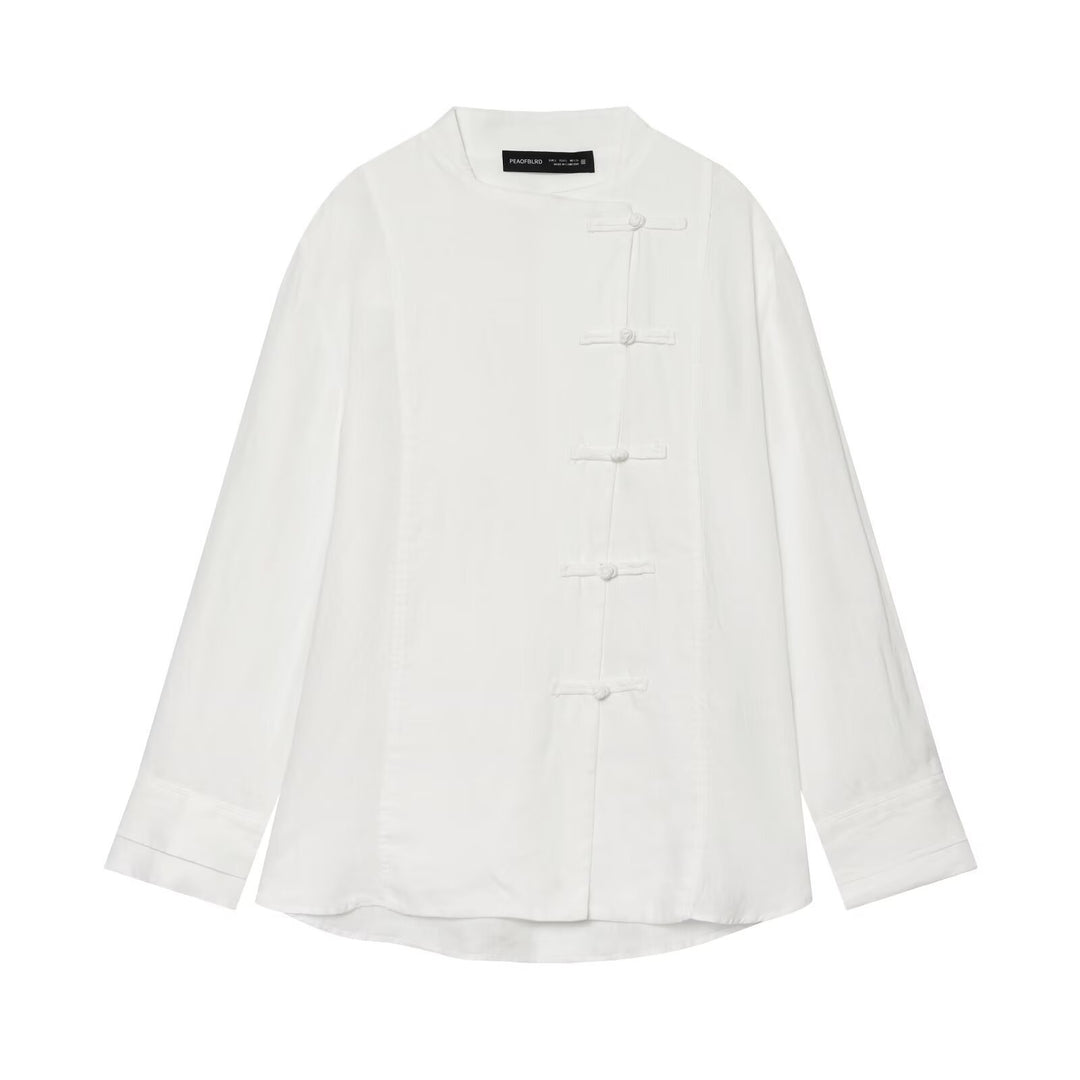 Damen Oversize Leinenbluse mit Stehkragen und chinesischen Knotenknöpfen Drune