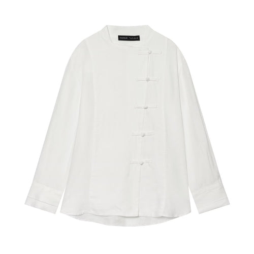 Damen Oversize Leinenbluse mit Stehkragen und chinesischen Knotenknöpfen Drune