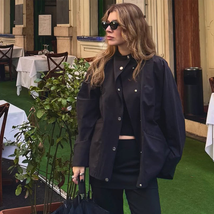 Damen Oversize-Hemdjacke mit Stehkragen, kastiger Silhouette und Druckknopf-Leiste Drune