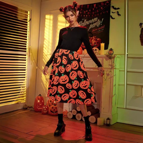 Damen Midikleid mit langen Ärmeln und Halloween-Motiv Drune