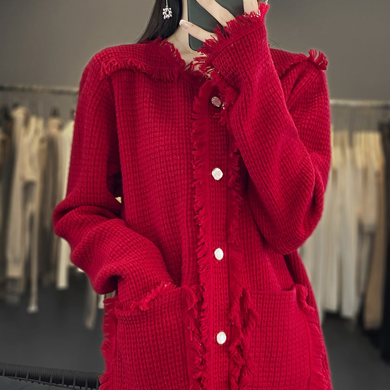 Damen Strickcardigan mit Fransenblende, Perlmuttknopfleiste und aufgesetzten Taschen Drune