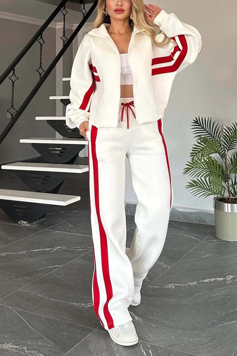 Drune | Gestreifte Zip up Cropped Sweatshirtjacke und Sporthose Zwei Teile Satz