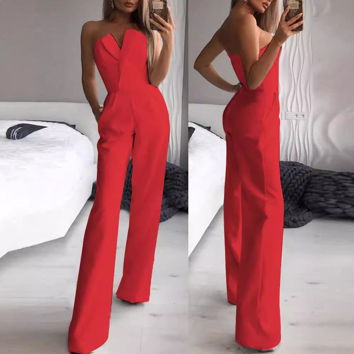 Damen Eleganter Jumpsuit mit tiefem V-Ausschnitt und weitem Bein Drune
