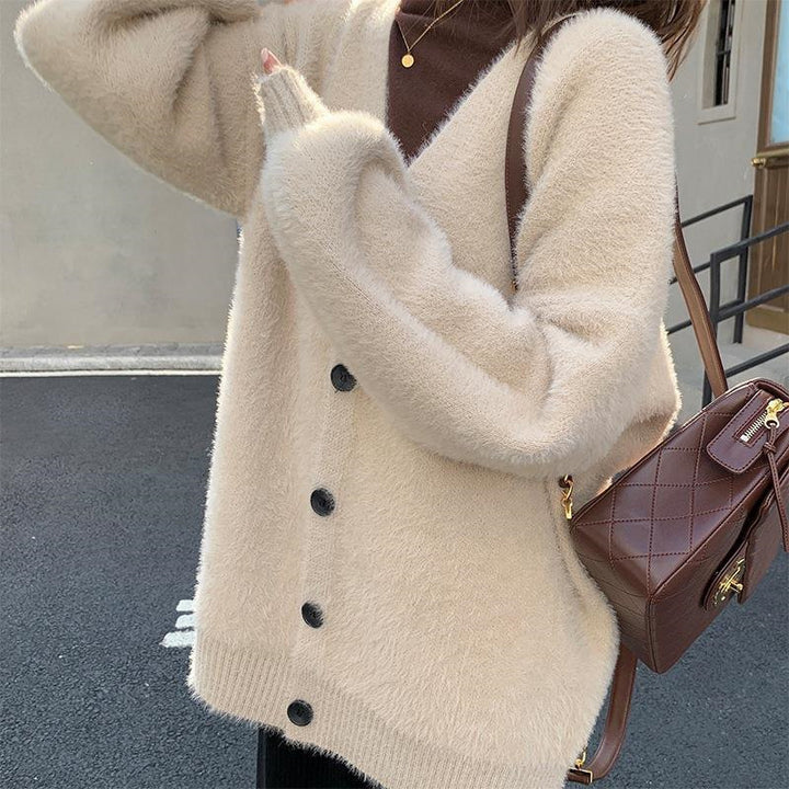 Damen Flauschiger Strickcardigan mit V-Ausschnitt und praktischen Knöpfen Drune