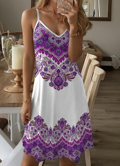 Damen Spaghetti-Träger Kleid mit stilvollem Paisleymuster und A-Linien Schnitt Drune