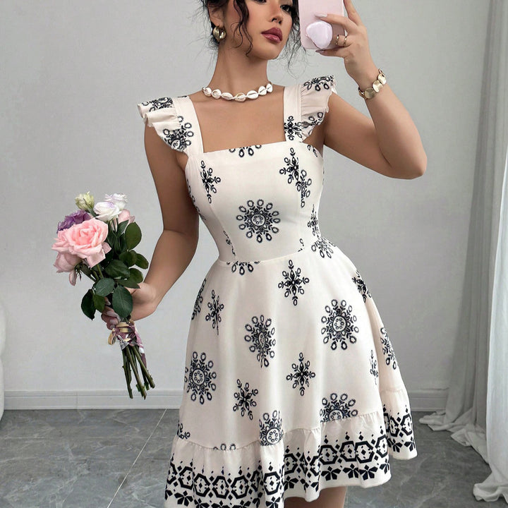 Damen Gestuftes Sommerkleid mit Quadrat-Ausschnitt, Rüschen-Trägern und bestickter A-Linie Drune