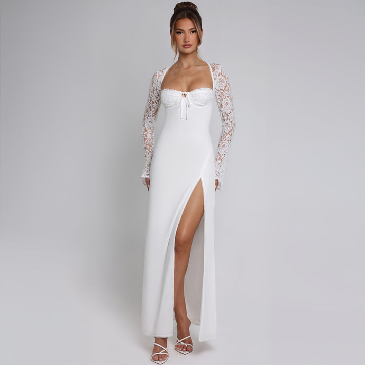 Damen Elegante Maxikleid mit transparenter Spitzenoberfläche und seitlichem Schlitz Drune