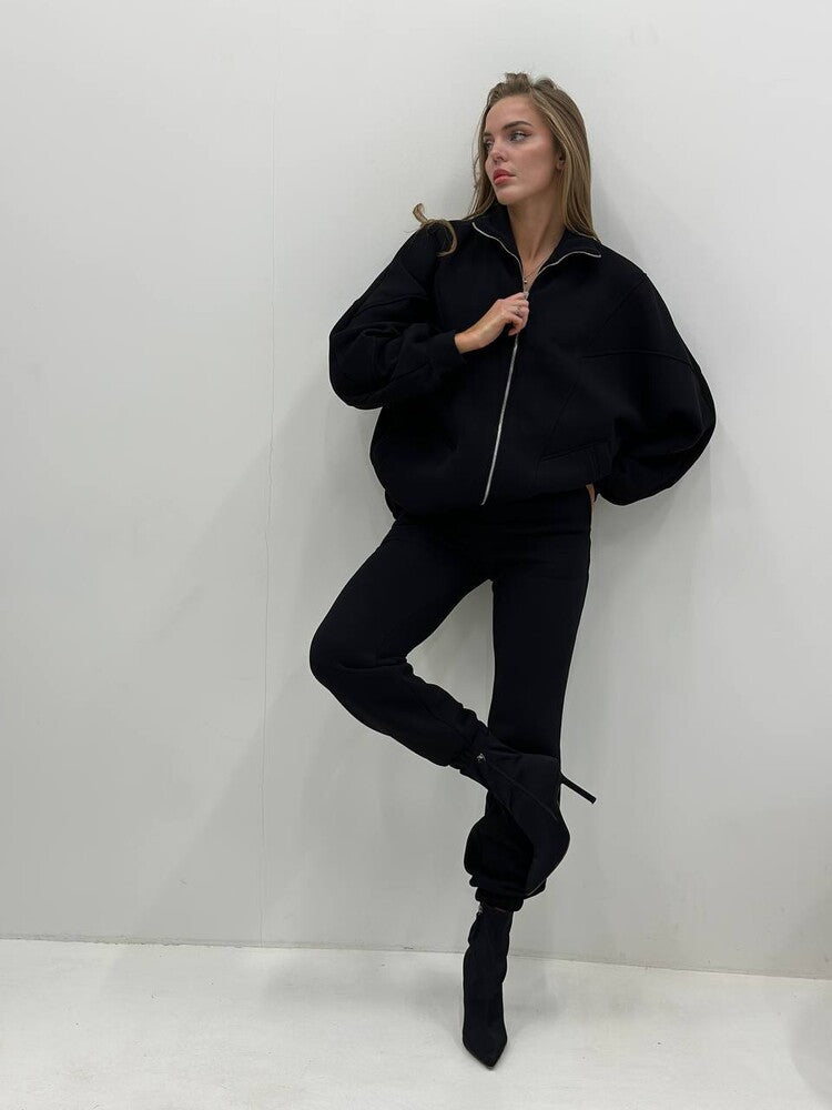 Damen Oversize-Halbzip-Sweatjacke mit sculptender High-Waist-Jogginghose aus schwerem French-Terry Drune