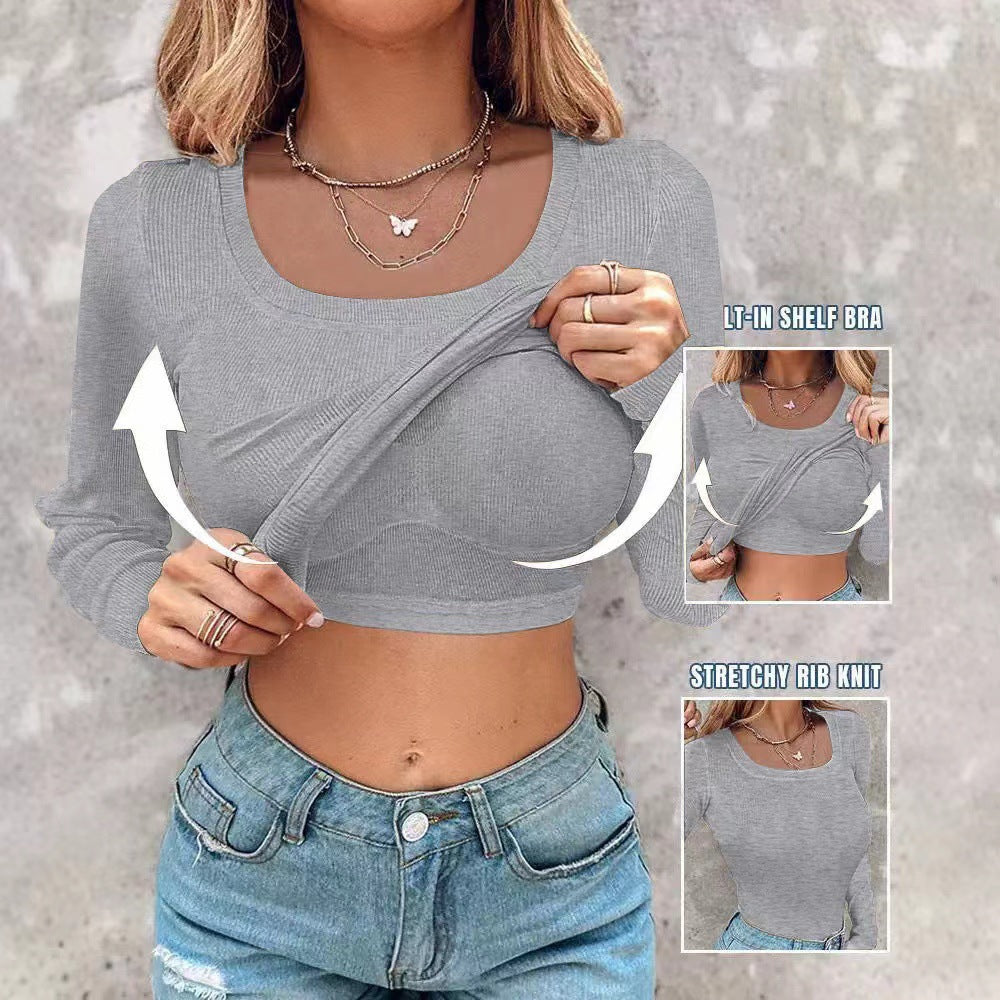Damen Cropped Rippenstrick Langarmshirt mit integriertem Bustier Drune