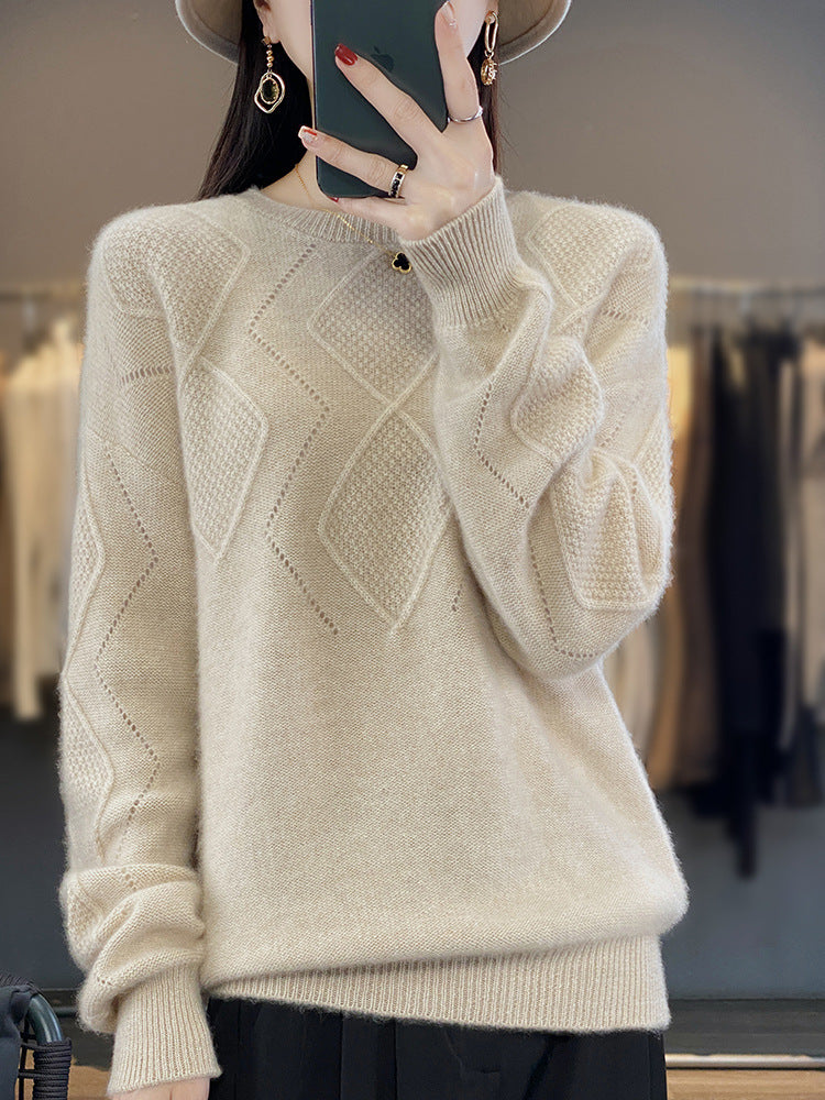 Damen Weicher Rautenmuster-Pullover im Mohair‑Look mit feiner Ajourstruktur und Rundhalsausschnitt Drune