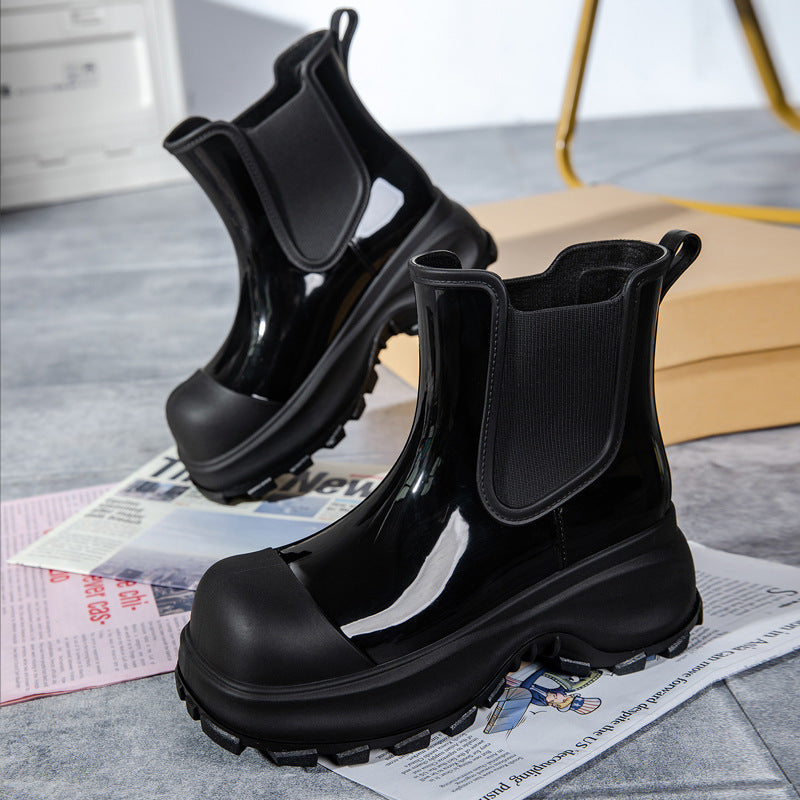 Damen Plateau-Gummistiefelette im Chelsea-Stil mit robuster Lug-Sohle Drune