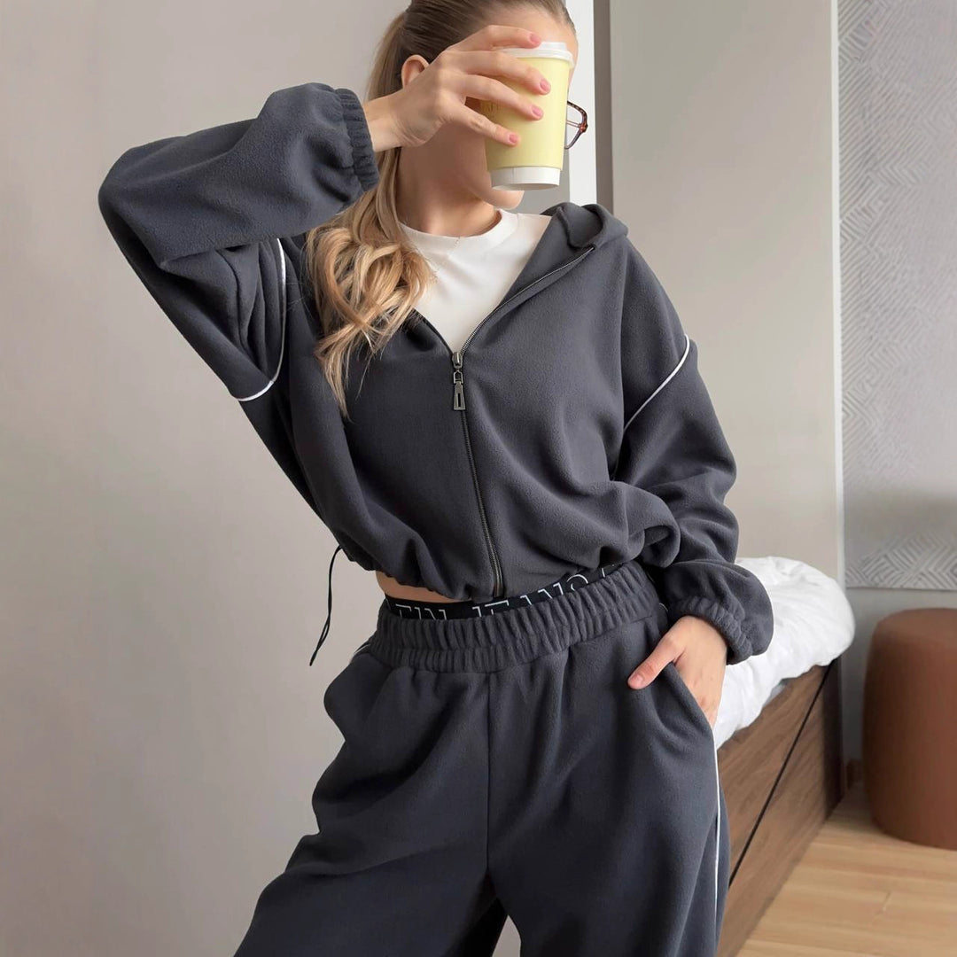 Damen bequemer Fleece-Sportanzug mit hohem Kragen und Reißverschluss Drune