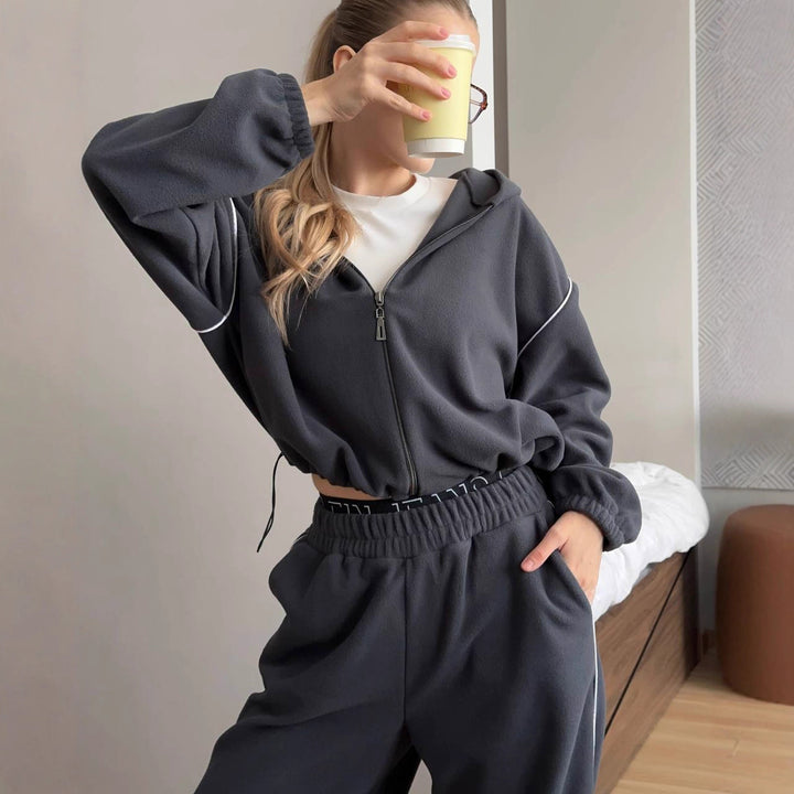 Damen bequemer Fleece-Sportanzug mit hohem Kragen und Reißverschluss Drune