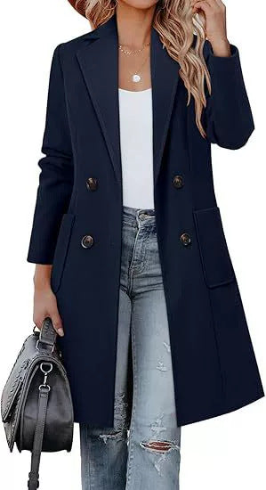 Damen Doppelreihiger Longblazer-Mantel mit aufgesetzten Taschen und taillierter Silhouette Drune