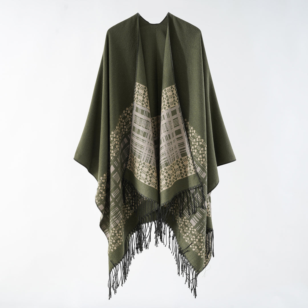 Damen Wollmix-Schulterponcho mit Jacquardmuster und Fransensaum Drune