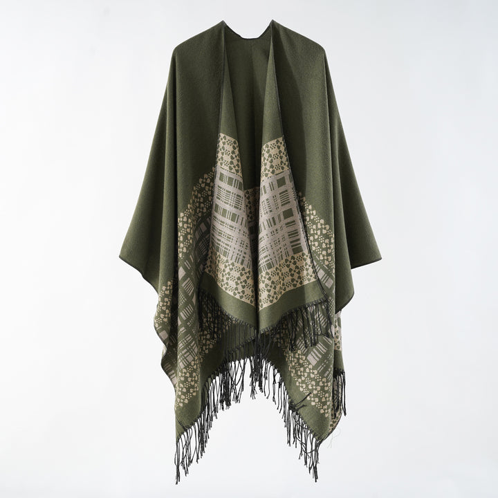 Damen Wollmix-Schulterponcho mit Jacquardmuster und Fransensaum Drune