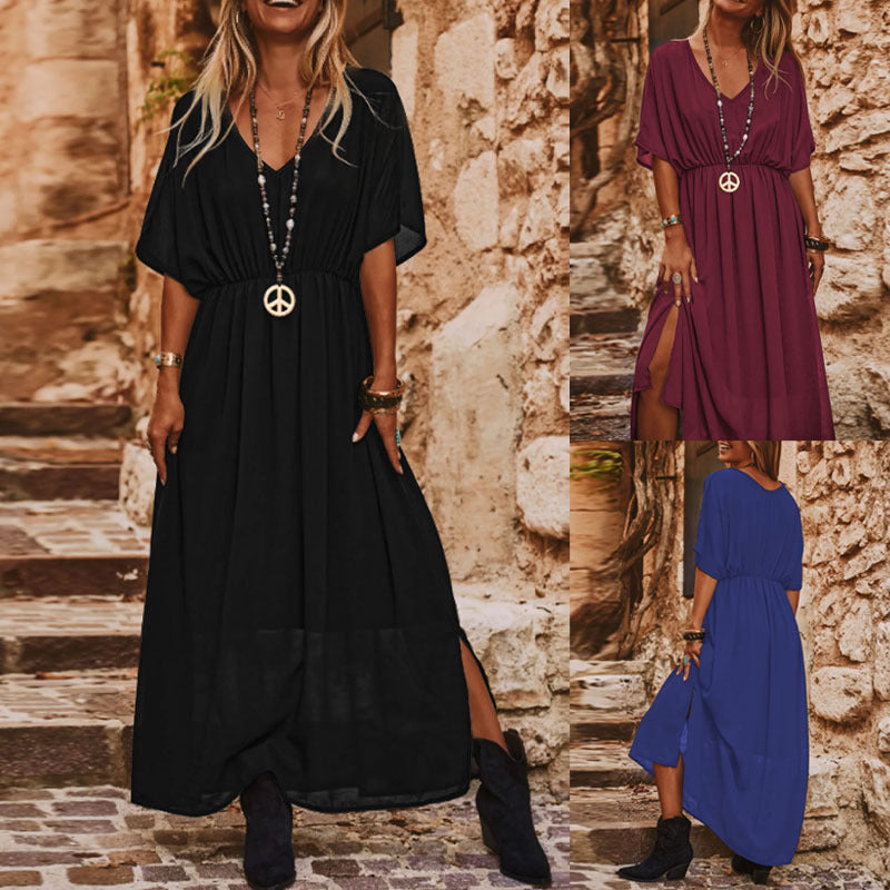 Damen Langes Boho‑Maxikleid mit V‑Ausschnitt, weiten Fledermausärmeln und hohem Beinschlitz Drune