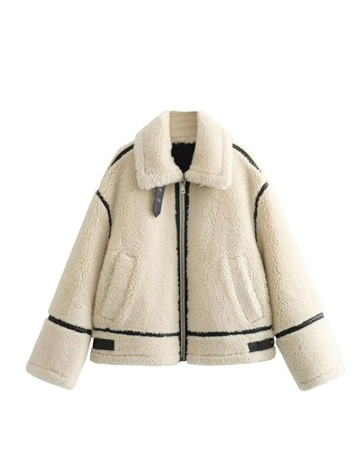Damen gemütliche Teddy-Fleecejacke mit schickem Kragen Drune