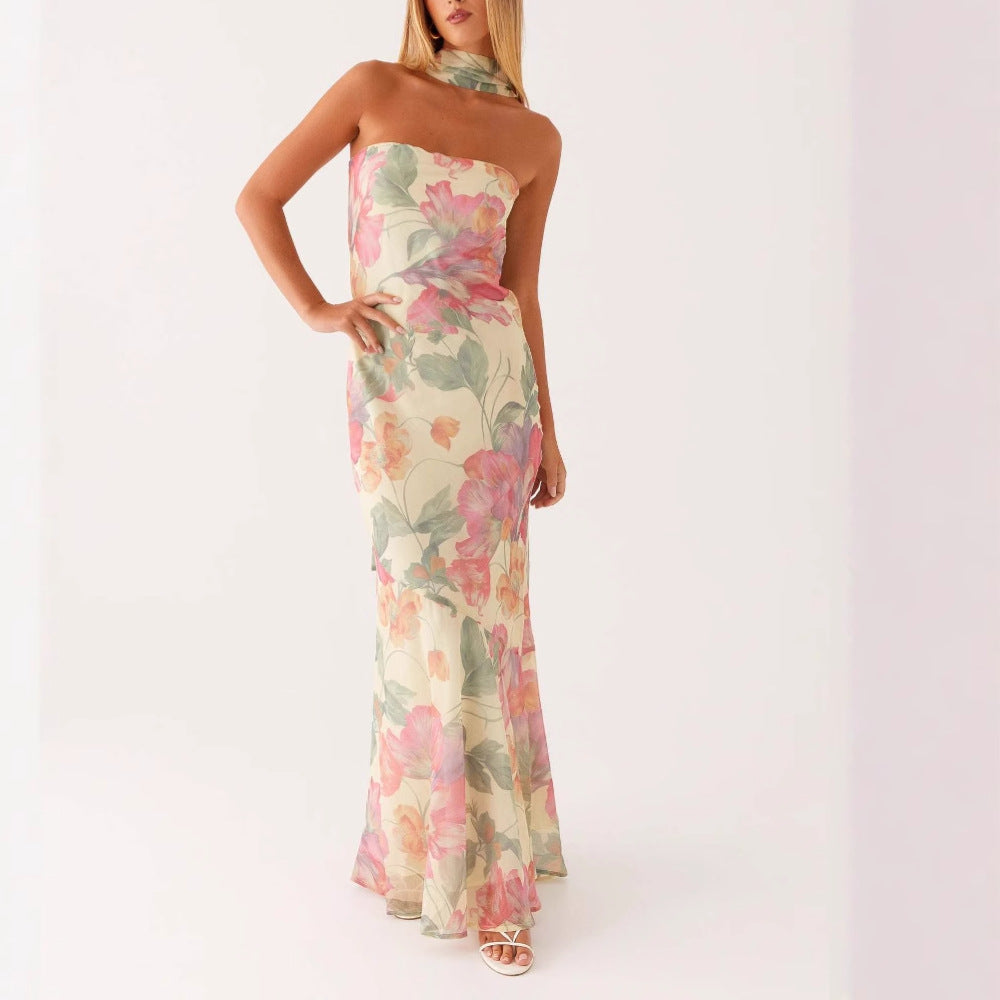 Damen Elegantes Langarm Abendkleid im Blumendesign Drune