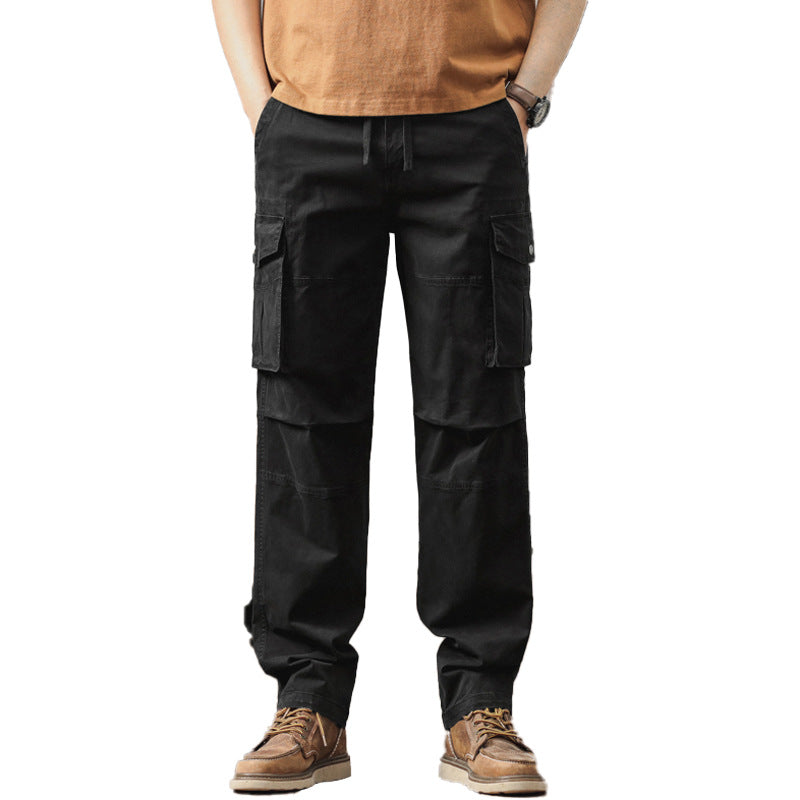 Herren Gerade geschnittene Canvas-Cargohose mit Klapp-Utility-Taschen und Kordelbund Drune