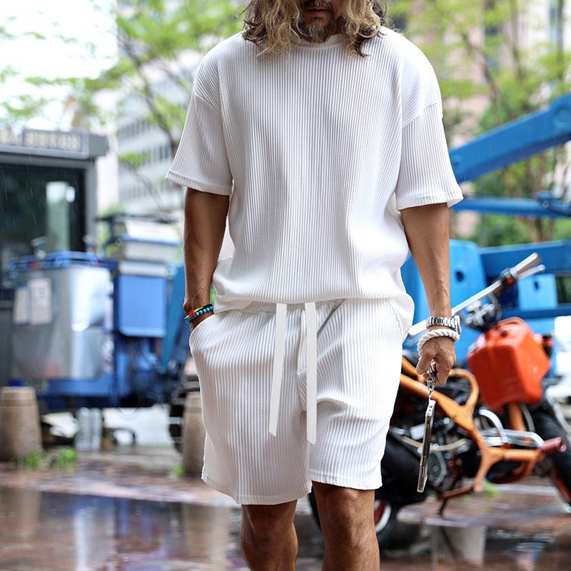 Herren nan lässiges Waffeljersey-Set mit weitem Oberteil und Tunnelzug-Shorts Drune
