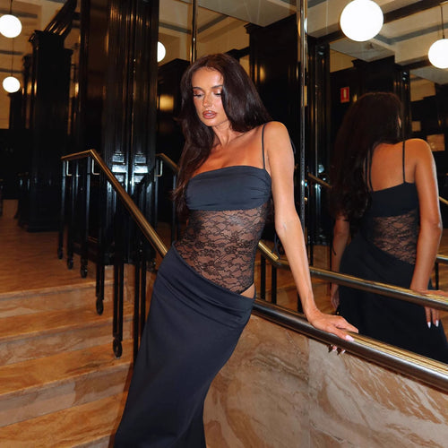 Damen elegantes Wickelmaxikleid mit transparenten Einsätzen und feinen Details Drune