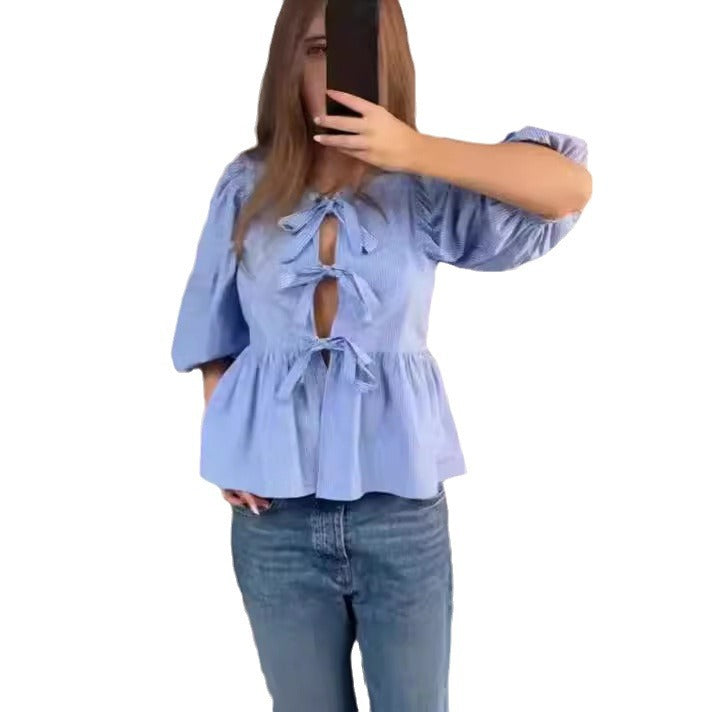 Damen Bluse mit raffinierten Schleifen und voluminösen Ärmeln Drune