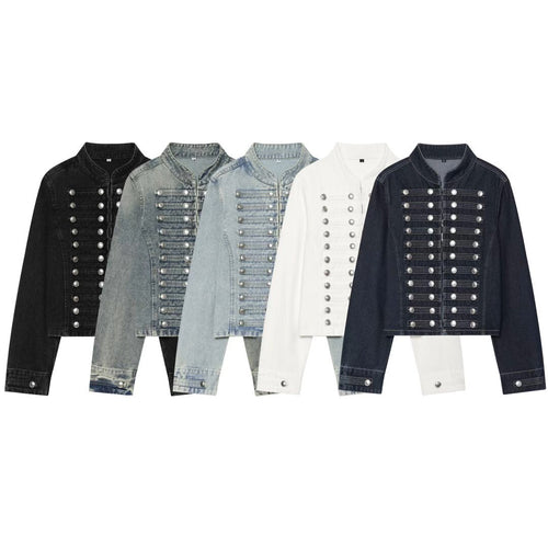 Damen Cropped Denim‑Blouson im Frackstil mit dekorativen Reihenknöpfen Drune