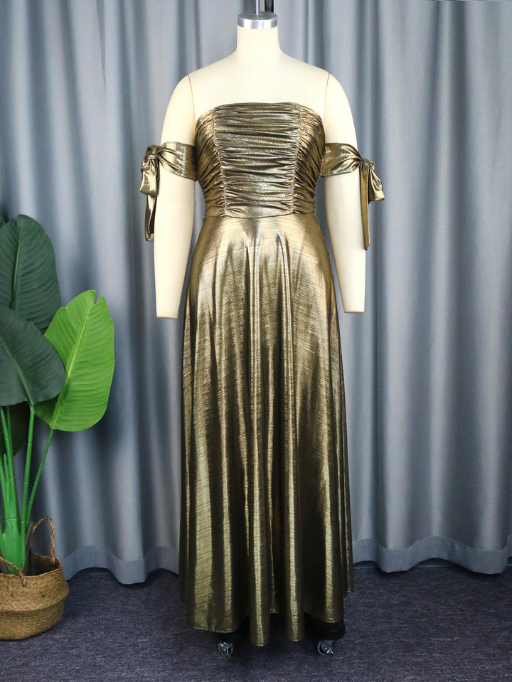 Damen Elegantes Maxikleid mit gerafftem Oberteil und schimmernden Ärmeln Drune