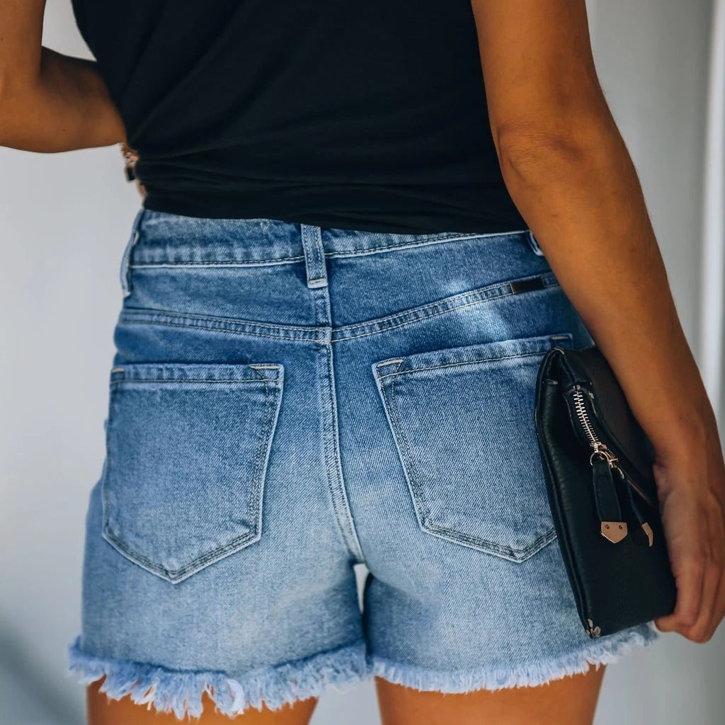 Damen Denim-Shorts im lässigen Destroyed-Look mit hohem Bund und fransigem Saum Drune