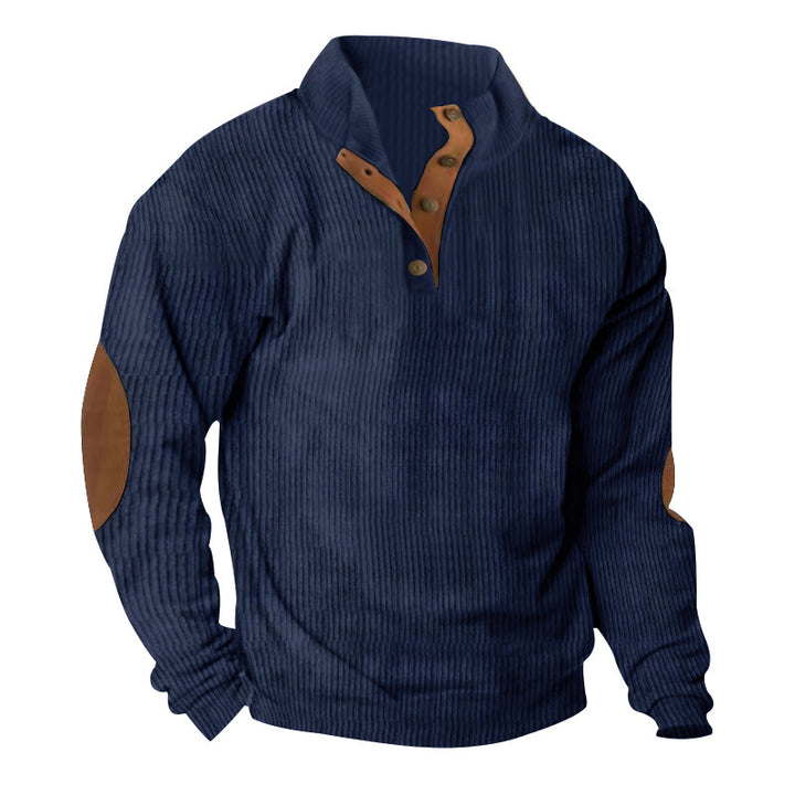 Herren Waffelstrick-Henley-Pullover mit Stehkragen und Ellbogen-Patches Drune
