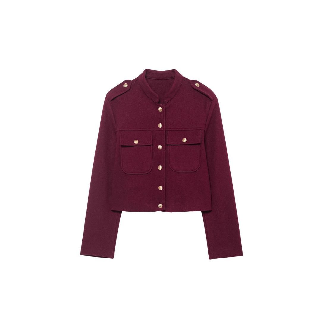 Damen Kurz geschnittene Militärinspirierte Wolljacke mit Stehkragen, Schulterklappen und goldknopf-Details Drune