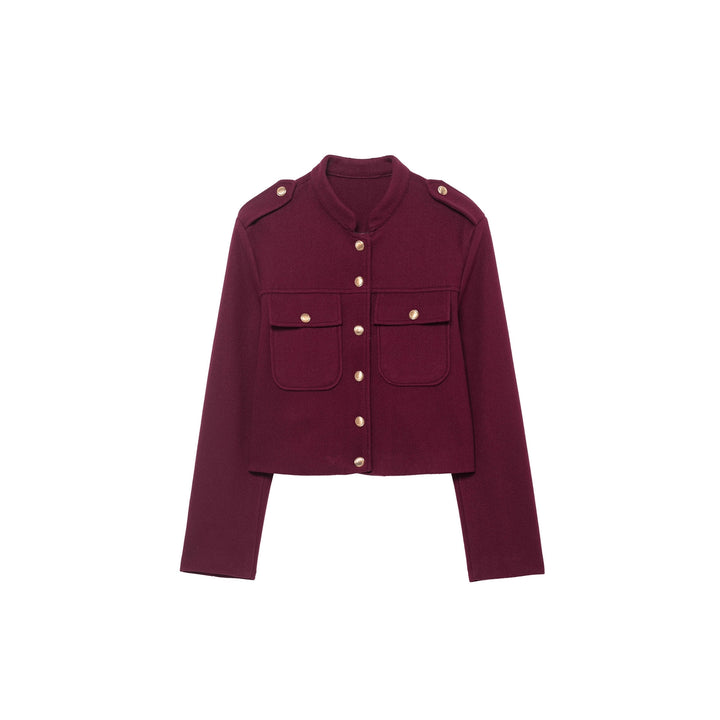 Damen Kurz geschnittene Militärinspirierte Wolljacke mit Stehkragen, Schulterklappen und goldknopf-Details Drune