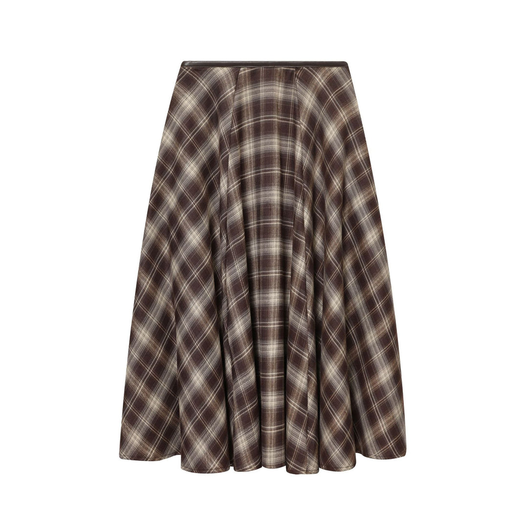 Damen nan ausgestellter Midirock mit Karomuster, hoher Taille und Lederimitatbund Drune