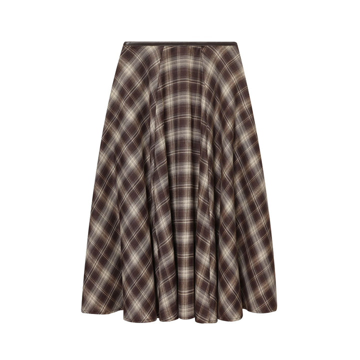 Damen nan ausgestellter Midirock mit Karomuster, hoher Taille und Lederimitatbund Drune