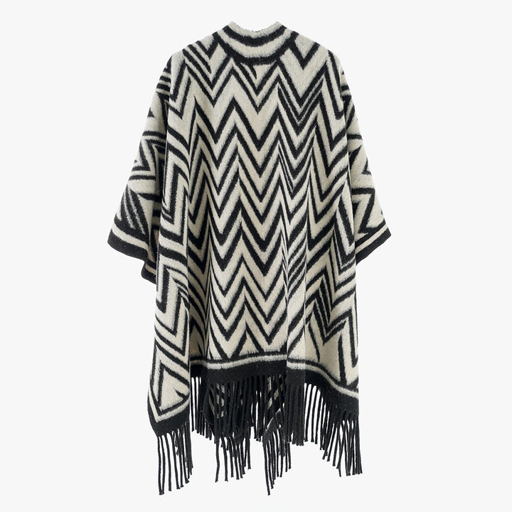 Damen Großer Fransenponcho im Oversize‑Cape mit geometrischem Zickzack‑Jacquard Drune