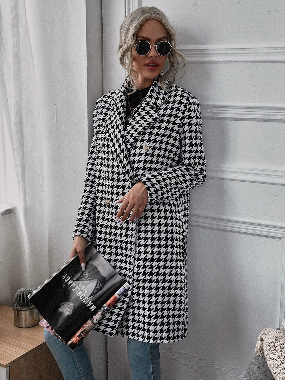 Damen Oversized Hahnentritt-Mantel mit klassischen Details Drune