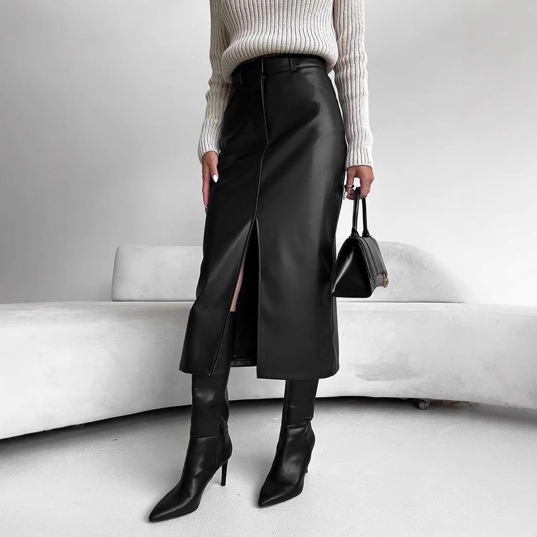 Damen Lederrock mit elegantem Schlitz und hohem Bund Drune